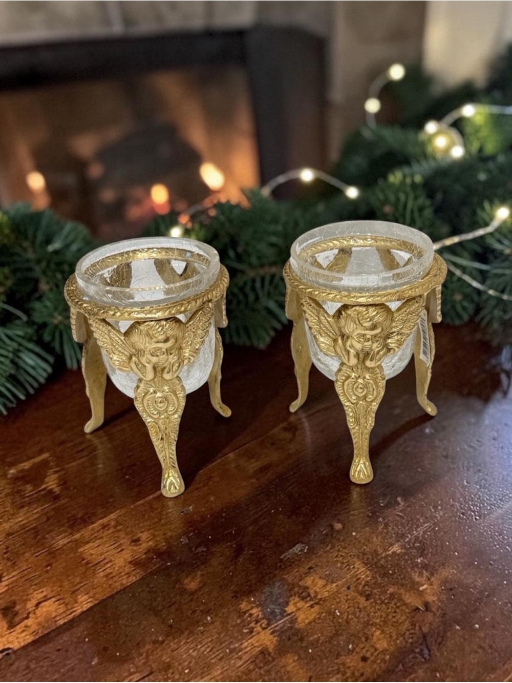 Vintage Brass and Glass Angel Votive Holders - Set of 2
